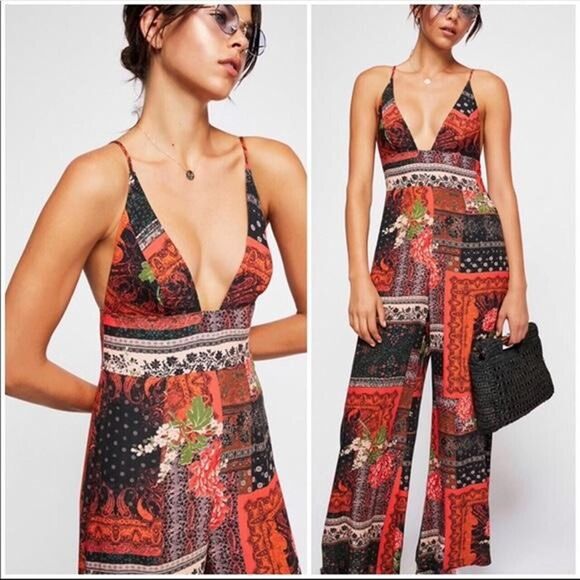 Free People Pants - Free People Margarita Red patchwork Jumpsuit Size 4